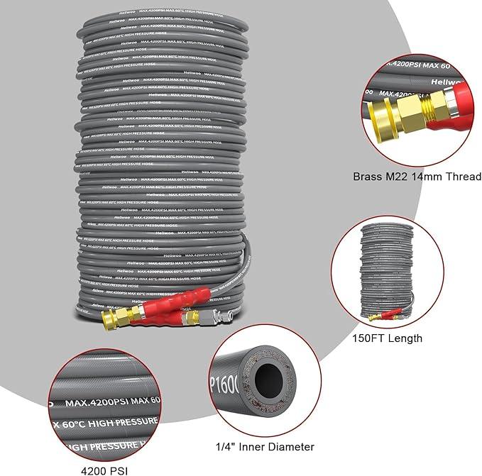 Pressure Washer Hose 150ft, 4200PSI 1/4 Inch Kink Resistant Power Washer Extension Hose, Flexible Heavy Duty Replacement Hose, Compatible with M22 14mm Fittings, High Tensile Wire Braid - NeatNest