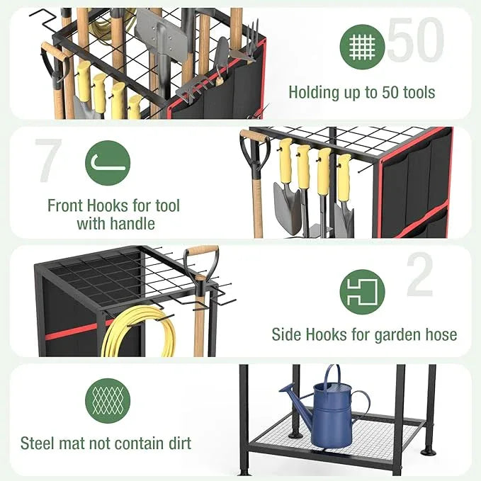 Garden Tool Organizer,Metal Yard Tool Organizer,Holds 50 Long-Handled Tools/Rakes/Brooms,Side Garden Pocket,Heavy Duty Steel Yard Tool Storage Rack for Garage,Shed, Outdoor - NeatNest