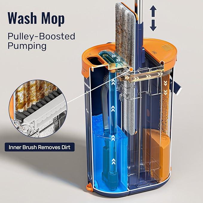 Mop and Bucket Set with Wringer, 3-Tank Flat Mop and Bucket System, Wall Mop Cleaner with Long Handle, Hands Free Mops for Floor Cleaning with 8 Microfiber Pads - NeatNest