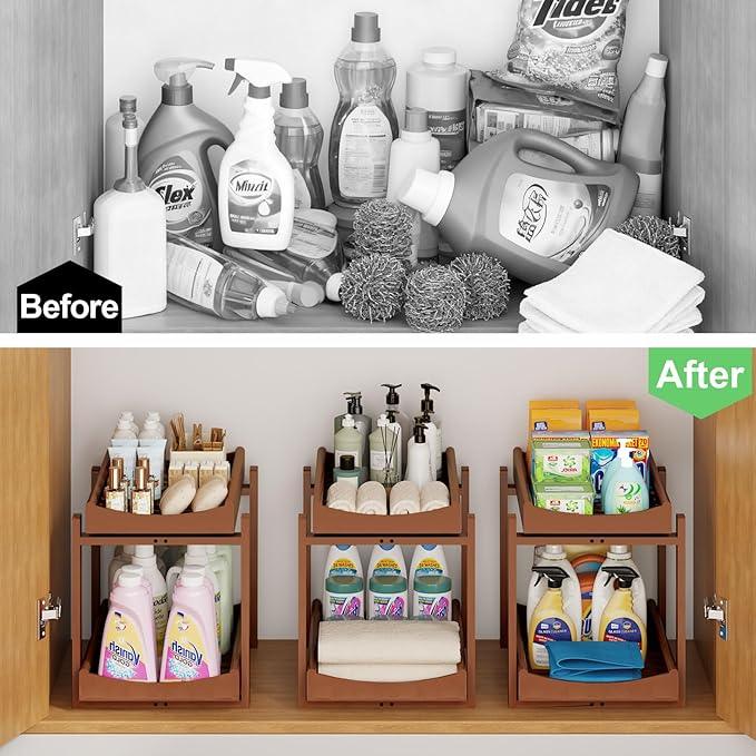 Bamboo Under Sink Organizer and Storage, 2 Pack Pull Out Cabinet Organization, 2 Tier Vertical Slide Out Undersink Storage Shelf, Multi-Purpose Organizer Shelves for Kitchen Bathroom Medicine, Brown - NeatNest
