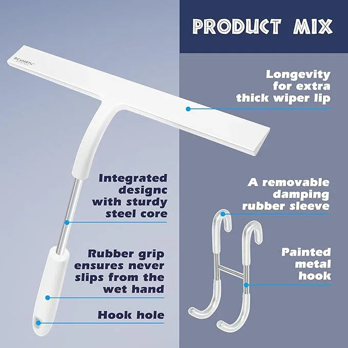 12 Inch Silicone Shower Squeegee for Glass Doors with Hook – Streak-Free Window Cleaner for Bathroom, Mirror, Tile & Car, No Scratch Squeegee with Metal Core - NeatNest