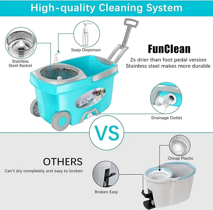 FunClean Spin Mop and Bucket,Mop and Bucket with Wringer Set for Home,360 Spinning Mopping Floor Cleaning Tool with 4 Microfiber Replacement Head Refills,61" Extended Handle, 2X Wheel - Blue - NeatNest