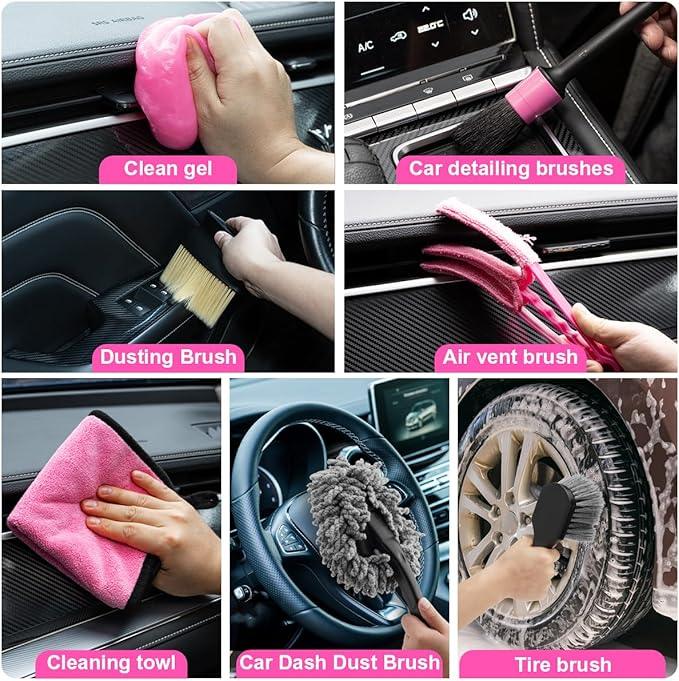 Viewsun Car Vacuum Cordless Rechargeable, 8000PA High Power Handheld Vacuum Cleaner with 17PCS Car Cleaning Kit, Pink Auto Accessories for Women Gift - NeatNest
