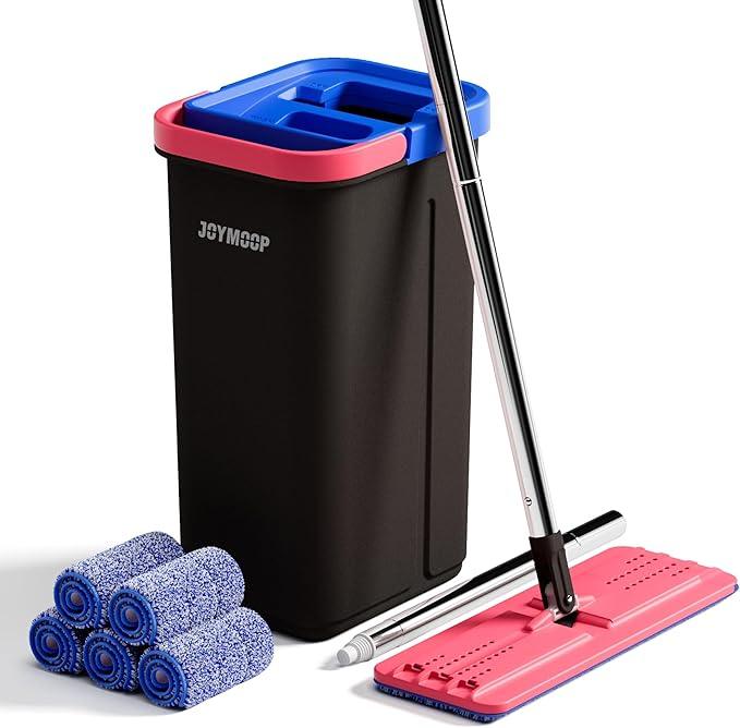 JOYMOOP Microfiber Flat Mop and Bucket System, Mops for Floor Cleaning and Wall Cleaner, Hardwood, Tile, Laminate, Vinyl Floors, Smooth Walls, and Glass Windows - 60" Flat Mop+5 Microfiber Pads[Black] - NeatNest