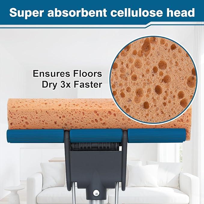 Sponge Mop for Floor Cleaning, 50" Heavy Duty Roller Mop with 4 Cellulose Refill Heads, Easy Self-Squeeze for Hardwood Tile Concrete, Wall Ceiling - NeatNest