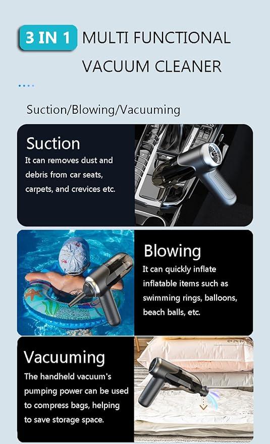 TEZILON Handheld Car Vacuum Cordless Small Portable High Power Mini Vacuum Cleaner, HEPA Filter Rechargeable 3 in 1 Dust Buster/Air Blower/Inflator, 7 Tools for Pet Hair/Keyboard/Snow Debris/Sofa/Car - NeatNest
