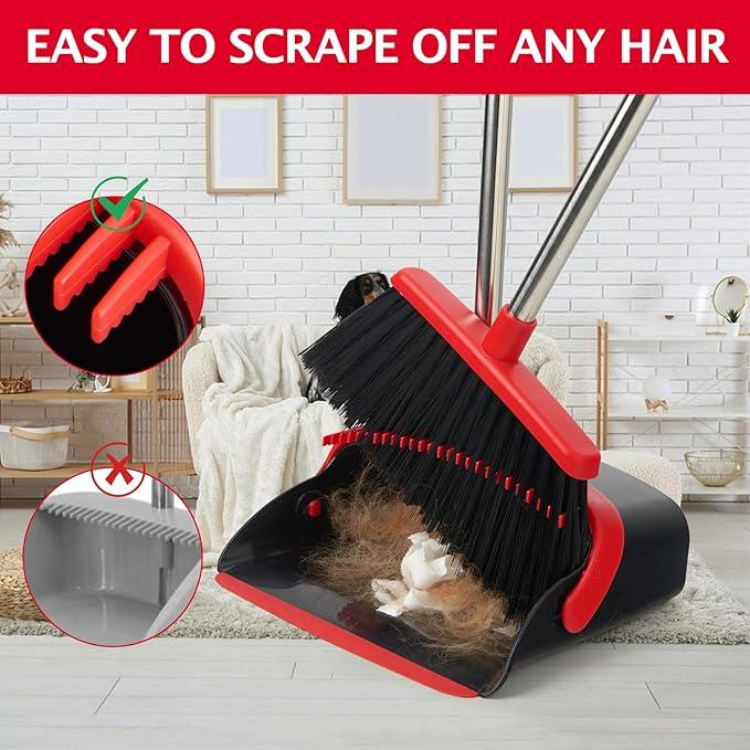 Broom and Dustpan Set with Long Handle, Heavy Dust Broom and Dustpan Combo for Home，Kitchen, Office, Pet Hair 2PCS (Black Red) - NeatNest