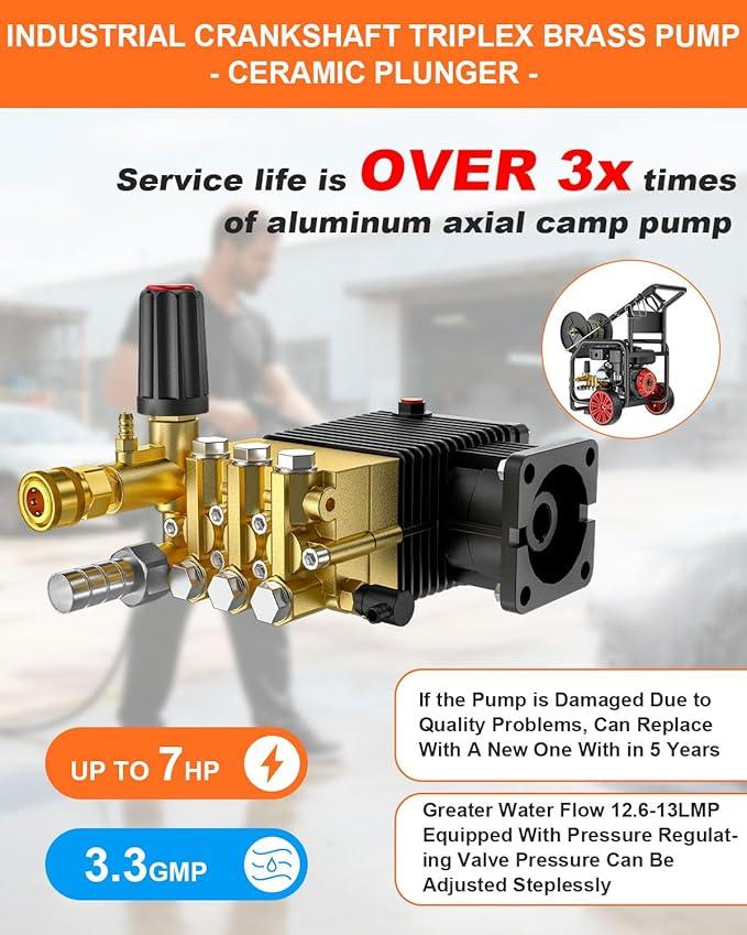 3600 PSI Gas Pressure Washer, One-Button Start 212cc 7HP Engine 3.3GPM, Includes Hose Reel，50 FT 3/8 inch Hose，5 Quick Connect Nozzles，Spray Gun and Wand - NeatNest