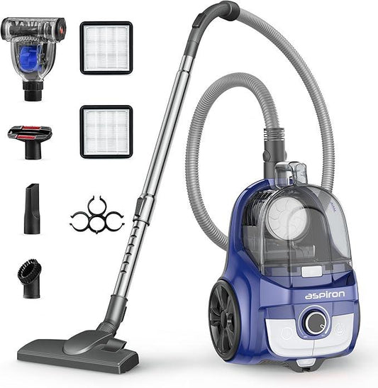 Aspiron Canister Vacuum, Upgraded 1600W Bagless Canister Vacuum Cleaner, Auto Cord Rewind, H13 HEPA Filter, 4Qt Large Capacity, 5 Tools for Hard Floors, Carpet, Pet, Upholstery, Tiles, Indigo - NeatNest