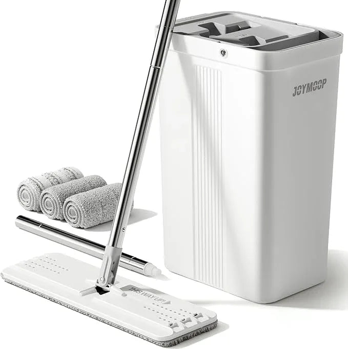 JOYMOOP Mop and Bucket with Wringer Set, White Flat Squeeze Bucket Set for Floor Cleaning, Wet Dry Wall Cleaner with Long Handle, Hardwood Floor Mop-3 Microfiber Cloths - NeatNest