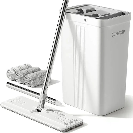 JOYMOOP Mop and Bucket with Wringer Set, White Flat Squeeze Bucket Set for Floor Cleaning, Wet Dry Wall Cleaner with Long Handle, Hardwood Floor Mop-3 Microfiber Cloths - NeatNest