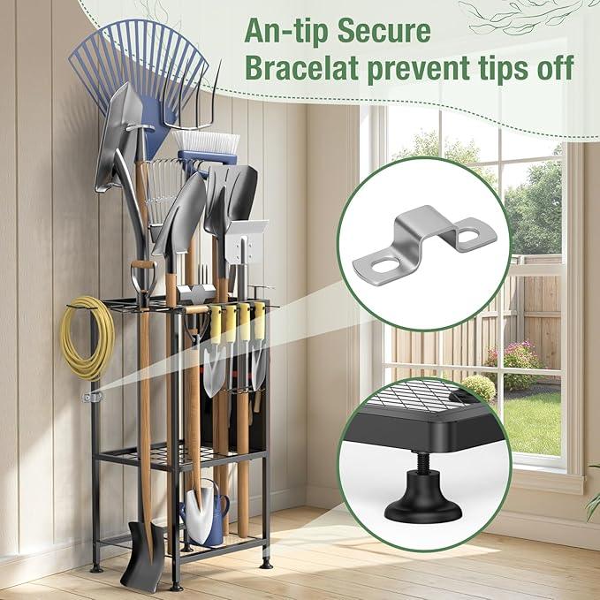 Garden Tool Organizer,Metal Yard Tool Organizer,Holds 50 Long-Handled Tools/Rakes/Brooms,Side Garden Pocket,Heavy Duty Steel Yard Tool Storage Rack for Garage,Shed, Outdoor - NeatNest