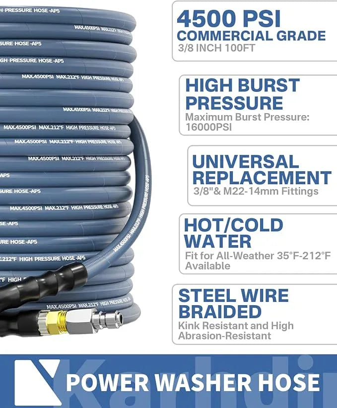 Pressure Washer Hose 100FT 3/8" for Cold and Hot Water 212°F, with Swivel Quick Connect, 4500PSI Kink Resistant Grade Steel Wire Braided, Power Washer Hose With 2pcs M22-14mm Adapter - NeatNest