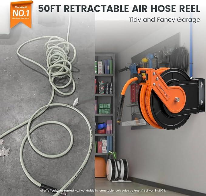 Giraffe Tools TA15BPLUS Retractable Air Hose Reel with Swivel Bracket 3/8" x 50 ft Hybrid Hose, Ceiling/Wall Mounted Heavy Duty Industrial Air Compressor Hose Reel, 300PSI, 50ft - NeatNest