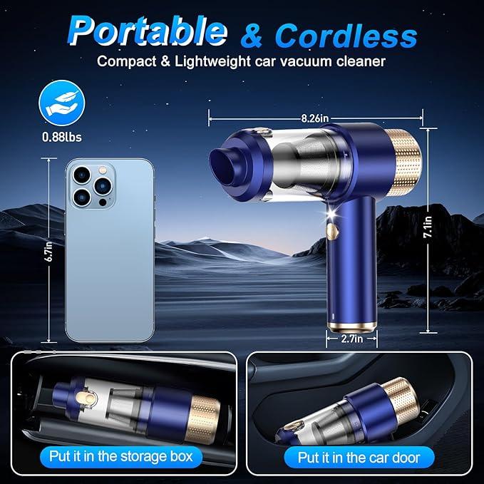 Mini Vacuum Cleaner, 15000PA Car Vacuum Cleaner Portable Cordless with LED Light, 4 in 1 Air Duster and Handheld Small Vacuum Rechargeable for Car, Home, Office, Pet（Blue） - NeatNest