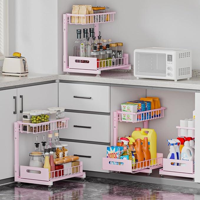 2 Pack Pro Under Sink Organizer Storage: Premium Metal 2-Tier Pull-Out Wire Basket Organizer, L Shape Height Adjustable, Easy Installation | Kitchen & Bathroom Cabinet Organizers - NeatNest