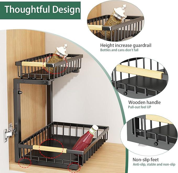 2 Pack 2 Tiers Pull Out Under Sink Organizers, Metal Kitchen Storage Shelf, Pull Out Under Sink Storage Rack, Multi-purpose Under Sink Shelf Organizer for Under Sink Cabinet Bathroom Kitchen (Black) - NeatNest