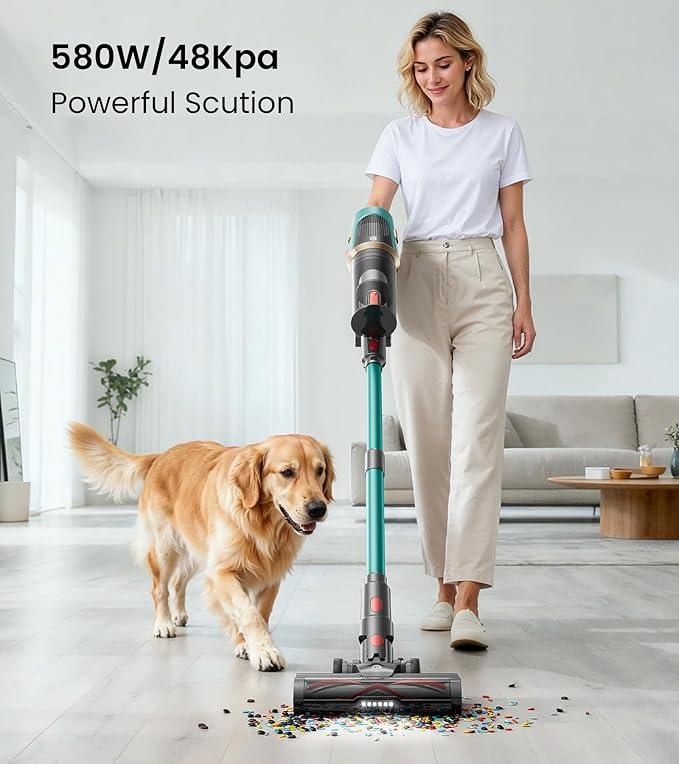 Cordless Vacuum Cleaner, Upgraded 580W 48KPA 65Mins Vacuum Cleaners for Home, Cordless Stick Vacuum Cleaner with Self-Standing and LED Screen, Anti-Tangle Wireless Vacuum for Pet Hair/Carpets/Floors - NeatNest
