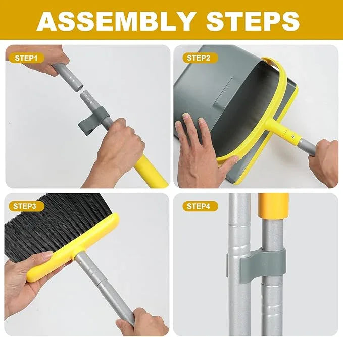 Broom and Dustpan Set with 54 Inch Long Handle - Perfect Dust Pan and Brush Combo for Home Efficient Cleaning (Yellow and Grey) - NeatNest