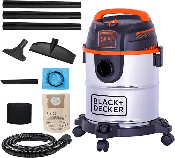 BLACK+DECKER Shop Vacuum Wet and Dry, 5 Gallon 3-in-1 Stainless Steel Shop Vac with Accessories, 4 HP Vacuum Cleaner, for Workshop, Home, Garage and Pet, BDXV18143 - NeatNest