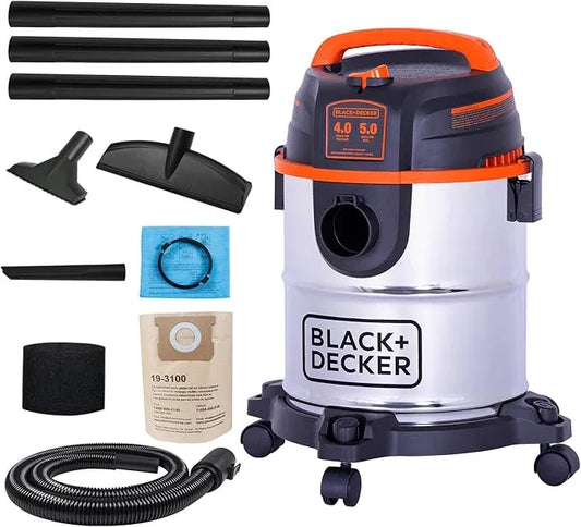 BLACK+DECKER Shop Vacuum Wet and Dry, 5 Gallon 3-in-1 Stainless Steel Shop Vac with Accessories, 4 HP Vacuum Cleaner, for Workshop, Home, Garage and Pet, BDXV18143 - NeatNest