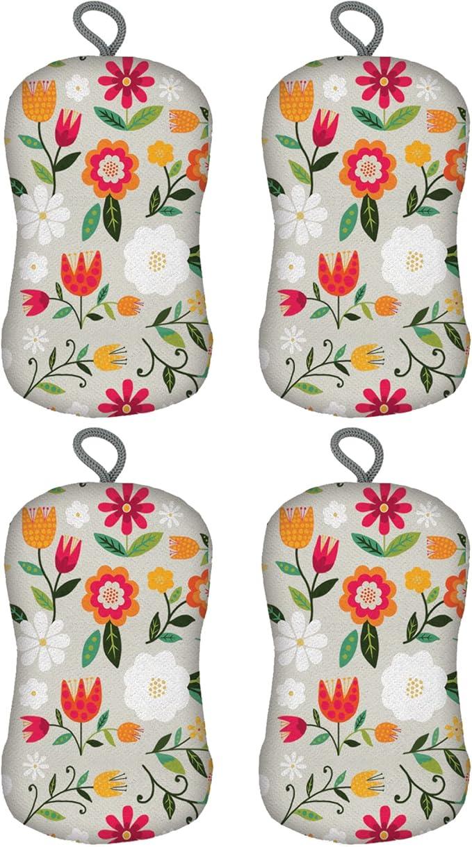 MÜkitchen Premuim Sponge for Dishes and Household Cleaning | Microfiber Print and Non-Scratch Scrub Pad | Set of 4 | (Retro Floral) - NeatNest