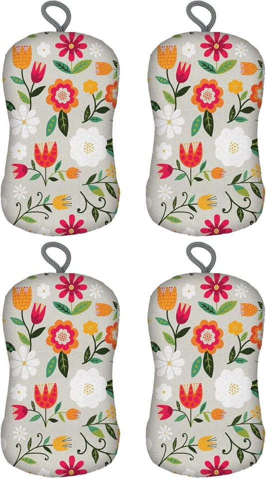 MÜkitchen Premuim Sponge for Dishes and Household Cleaning | Microfiber Print and Non-Scratch Scrub Pad | Set of 4 | (Retro Floral) - NeatNest