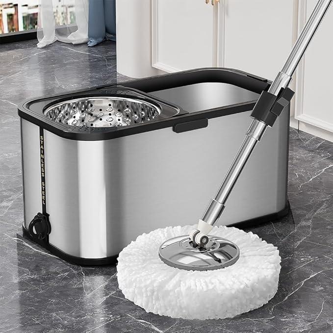 Spin Mop and Bucket with Wringer Set for Home,360° Mop and Bucket with Separate Clean and Dirty Water,Wet Dust Mop for Floor Cleaning with Extra Refills (Square Silver) - NeatNest