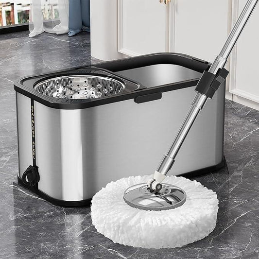 Spin Mop and Bucket with Wringer Set for Home,360° Mop and Bucket with Separate Clean and Dirty Water,Wet Dust Mop for Floor Cleaning with Extra Refills (Square Silver) - NeatNest