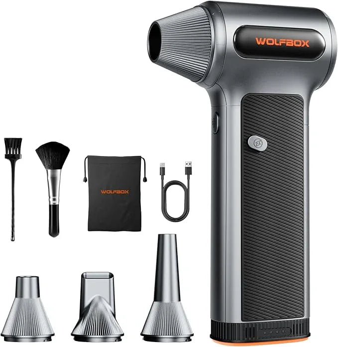 WOLFBOX MF200 Compressed Air Duster with Removable Battery & 4 Nozzles, Cordless 3-Speed Adjustable Mini Blower for Computer Keyboard, Car Cleaning, Home, and Outdoor Use - NeatNest