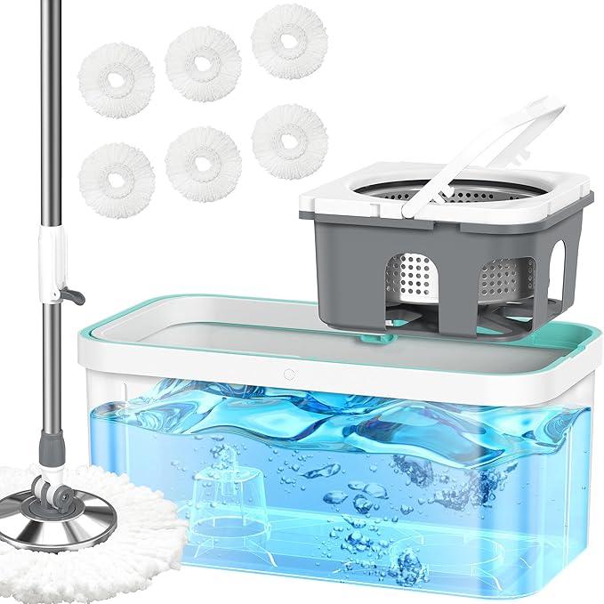 Spin Mop and Bucket Set with Wringer and 6 Extra Microfiber Heads for Floor Cleaning 61" Extended Handle 5-GAL Heavy-Duty Design for Hardwood Tile Laminate Home Cleaning Tools - NeatNest