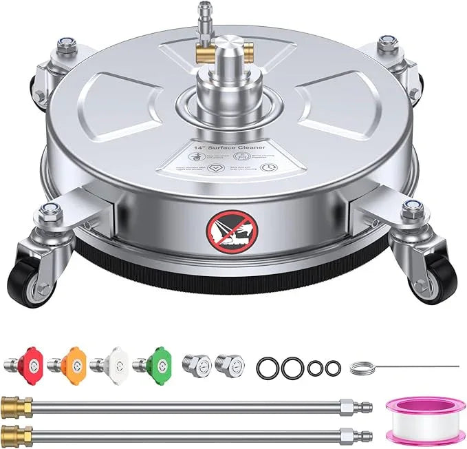 14" Pressure Washer Surface Cleaner 4500 PSI with 304 Industrial-Grade Stainless Steel Housing,1/4” Quick Plug, 4 Universal Wheels, 2 x 15 Extended Wands, 2 Replacement Nozzles, 4 Spray Nozzle Tips - NeatNest