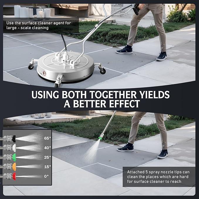 RAYNEL 30'' Pressure Washer Surface Cleaner with 4 Wheels, Dual Handle, Stainless Steel Housing, 2 Hose Adapters, 4 Replacement Nozzles and 5 Spray Nozzles - NeatNest