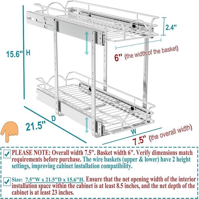 OCG 2 Tier Pull Out Cabinet Organizer (7.5" W x 21.5" D), Pull Out Drawers for Kitchen Cabinets, Pull Out Shelves for Base Cabinet Organization in Kitchen Bathroom Pantry, Chrome Finish - NeatNest