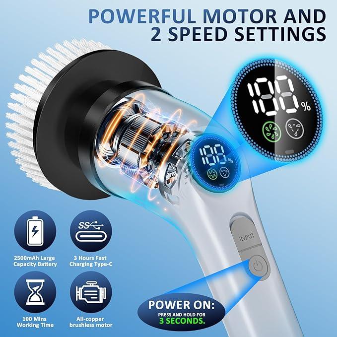 Electric Spin Scrubber Upgraded Battery with Extra-Long Runtime, IPX7 Waterproof Power Cleaner with 7 Brush Heads, 2 Speeds Adjustable Long Handle for Bathroom, Floor, Shower, Tile & Kitchen Cleaning - NeatNest