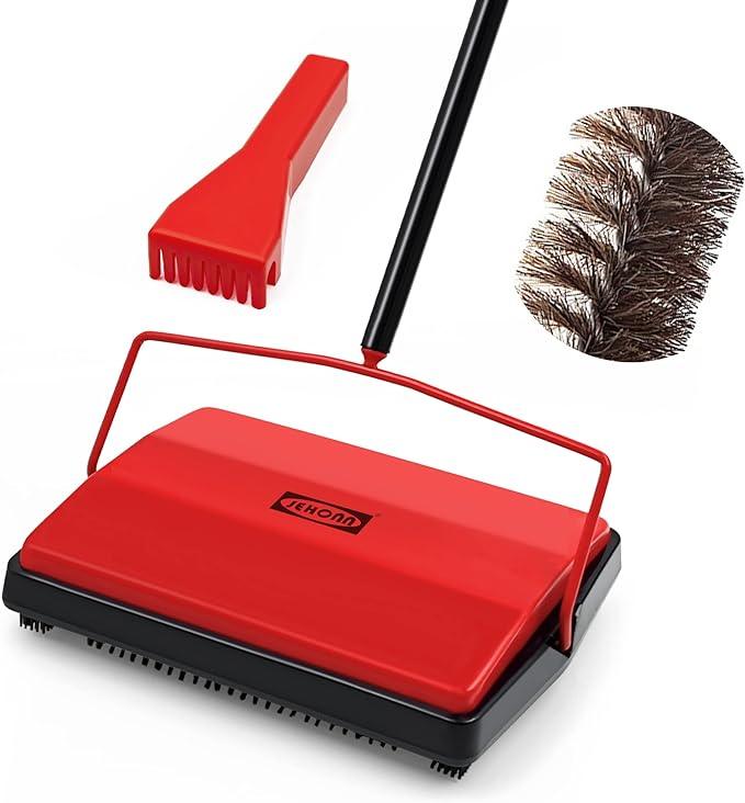 JEHONN Carpet Floor Sweeper Manual with Horsehair, Non Electric Quite Rug Roller Brush Push for Cleaning Pet Hair, Loose Debris, Lint (Red) - NeatNest