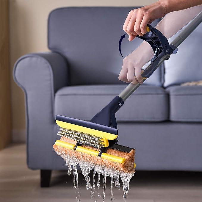 Yocada Sponge Mop Home Commercial Use Tile Floor Bathroom Garage Cleaning Total 3 Sponge Heads Squeegee and Extendable Telescopic Long Handle 42.5 to 52 Inches Easily Dry Wringing Only 3 Heads - NeatNest