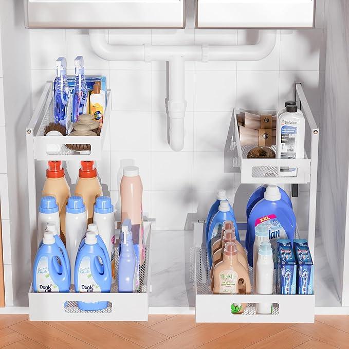 Full Metal Under Sink Organizer, Pull Out Cabinet Organizers and Storage, Silk-Smooth Sliding Drawer for Kitchen, Bathroom, Pantry, Cabinet, Closet (White, 2 Pack) - NeatNest