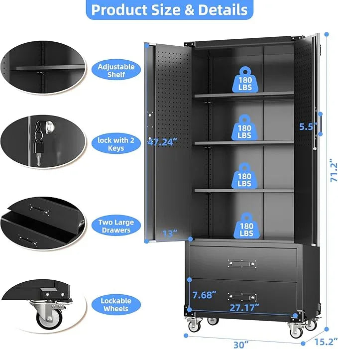 SUXXAN Rolling Storage Cabinet with 2 Doors and 2 Drawers, Heavy Duty Metal Storage Cabinet with Shelves, Locking Steel Cabinet for Warehouse, Home, Office (Black) - NeatNest