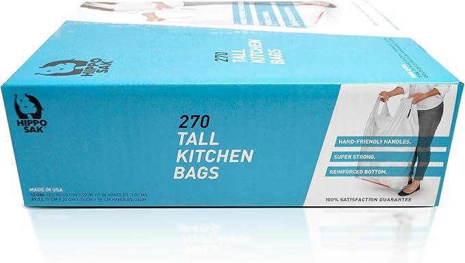 Hippo Sak - Tall Kitchen Garbage Bags with Ergonomic Handles - 13 Gallon Trash Bags - Super Strong Patented Reinforced Bottom and Leak Proof Tall Kitchen Trash Bags - Heavy Duty Trash Bags (270 Count) - NeatNest