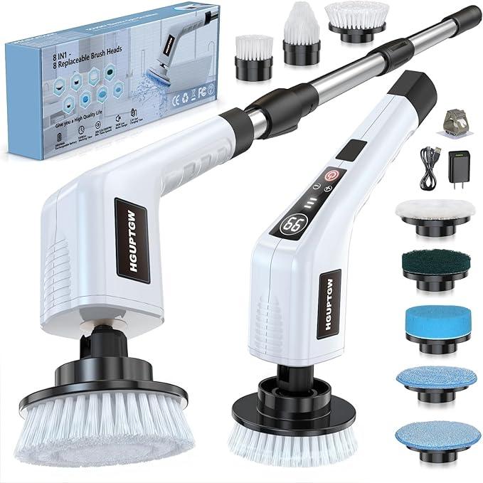 Electric Spin Scrubber, Cleaning Brushes for Household Use with 8 Replaceable Brush Heads, Power Scrubbers for Cleaning Bathroom, Extension Bath Brush Long Handle for Shower, Tub, Kitchen, Tile, Floor - NeatNest