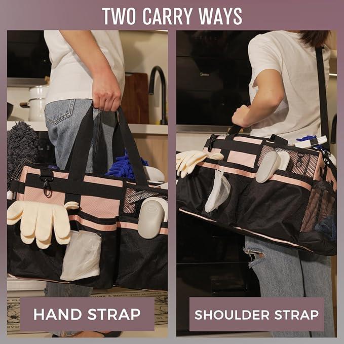 Wearable Cleaning Caddy, Cleaning Caddy Supplies Organizer with Handle & Shoulder Straps for Housekeepers, Under Sink & Car Cleaning Tool Organizers Bag with 4 Foldable Divider (Pink) - NeatNest