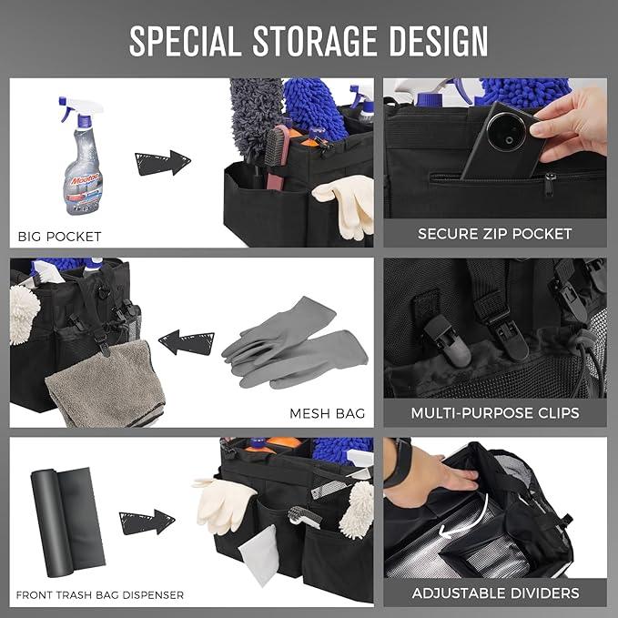 Wearable Cleaning Caddy Organizer with Handle & Shoulder Straps for Housekeepers, Under Sink & Car Cleaning Tool Organizer Bag with 4 Foldable Dividers (Black) - NeatNest