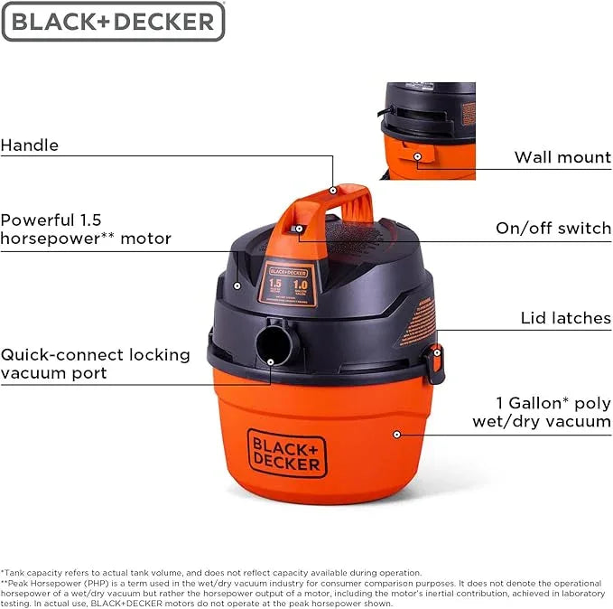 BLACK+DECKER Shop Vacuum Wet and Dry, Small Shop Vac with Accessories, 1 Gallon 1.5 Peak HP, Wall Mount Mini Vacuum for Garage, Home and Pet, 60CFM (BDXV18101P-1H) - NeatNest