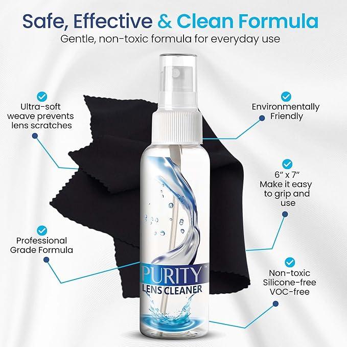 Purity Eyeglass Lens Cleaner Kit - 3 x 1oz Travel Size Lens Cleaner Spray Bottle + 2 Microfiber Cleaning Cloths - Safe for All Lenses (AR Coated Included), Eyeglasses and Screens - Clear - NeatNest