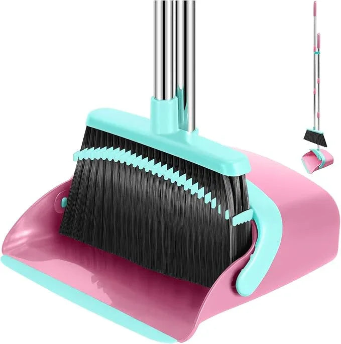 Broom and Dustpan Set, 52-in Long Adjustable Handle Broom Dustpan Combo with Dust pan Teeth to Automatically Clean Hair Suitable for Home Kitchen Office Hall Floor（Pink&Blue） - NeatNest