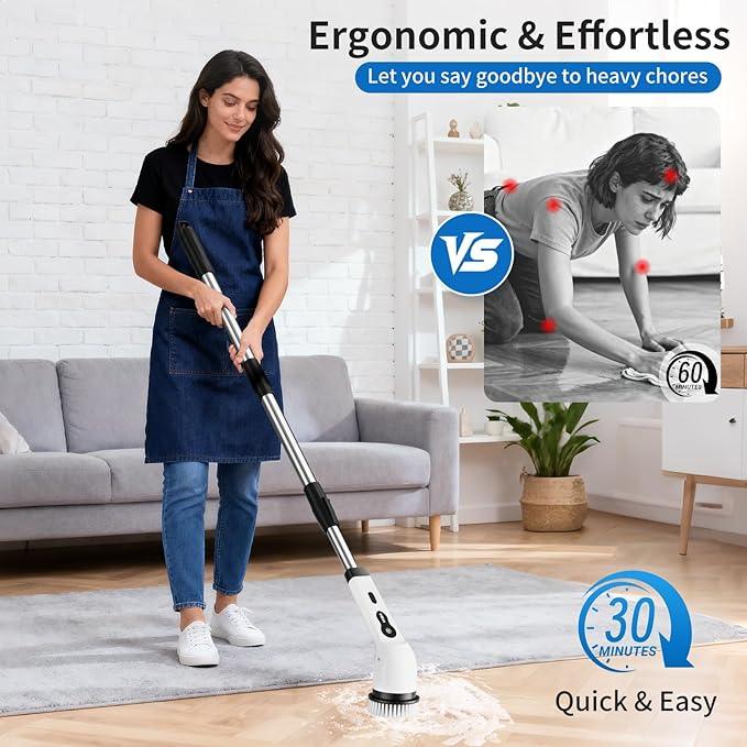 Electric Spin Scrubber, Ultimate Household Cleaning Brush with 90Min Runtime & 8 Heads & 2 Modes- 52in Electric Shower Scrubber Deep Clean for Bathroom Grout, Oven, Shower, Tile & Car, IPX6 Waterproof - NeatNest