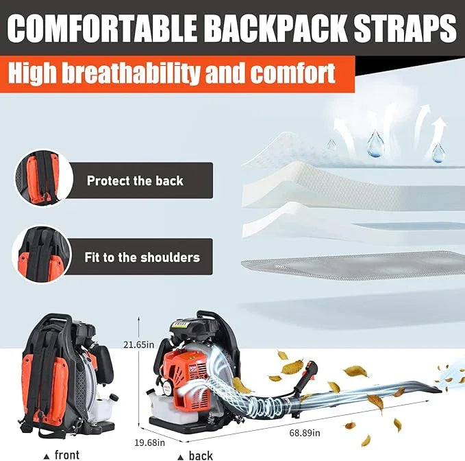 65CC Backpack Gas Powered Leaf Blower 884 CFM 3.8 HP 2-Cycle Grass Lawn Blower Air Cooling, Low Vibration and Ergonomic Design for Outdoor Gard Yard Cleaning and Snow Removal - NeatNest