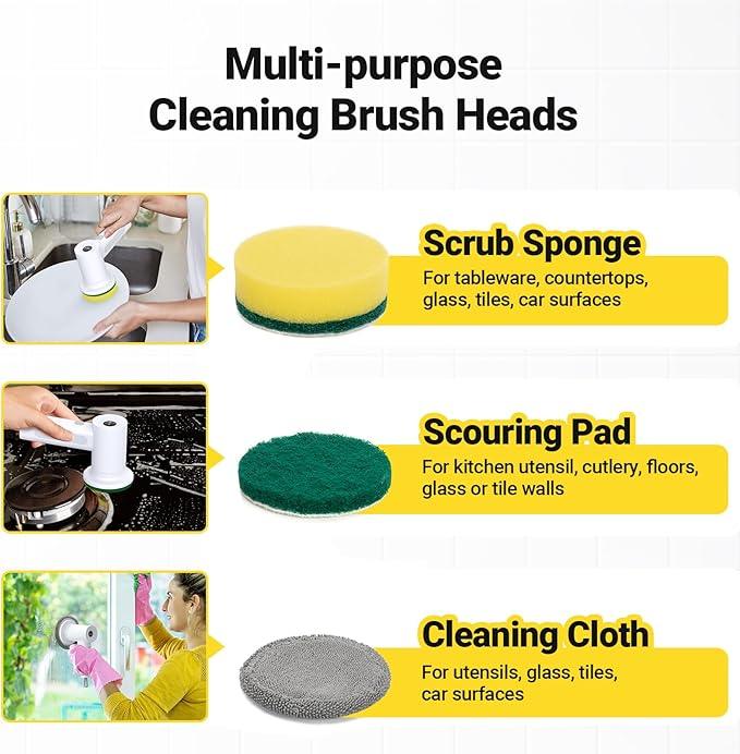 Electric Spin Scrubber, 3000 mAh Cordless Power With 8 Replaceable Heads, Dual Speed Lightweight Handheld for Cleaning Stove/Bowl/Sink/Corner/Tile/Grout (White) - NeatNest