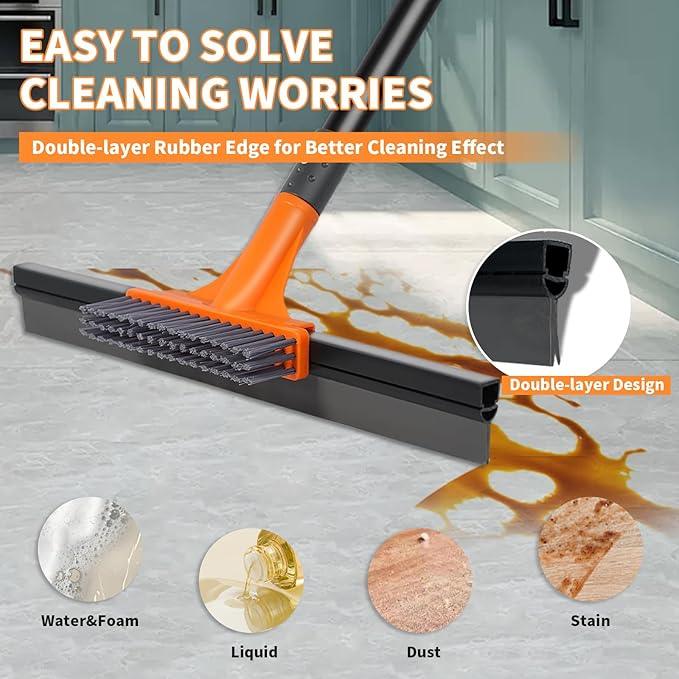 Rubber Floor Squeegee for Concrete Tile Floor, Large Water Squeegee Heavy Duty with Scrub Brush and Long Handle for Cleaning,Squeegee Broom for Window Garage Kitchen Bathroom Deck - NeatNest